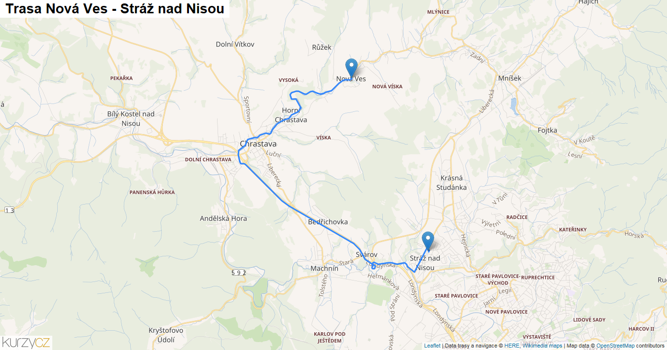 Nová Ves-Stráž nad Nisou, mapa trasy