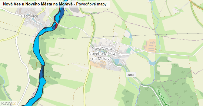 Nová Ves u Nového Města na Moravě - záplavové mapy stoleté vody