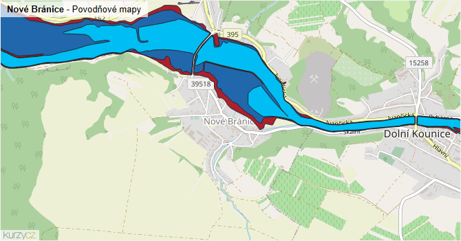 Nové Bránice - záplavové mapy stoleté vody