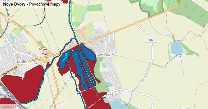 Nové Dvory - záplavové mapy stoleté vody