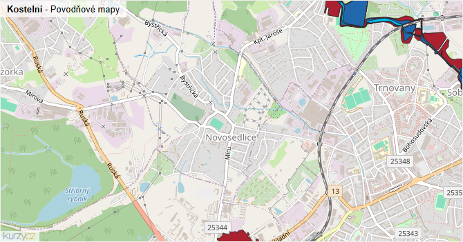 Kostelní - záplavové mapy stoleté vody
