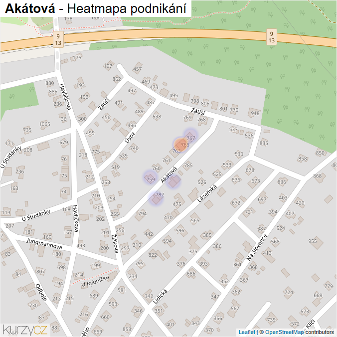 Mapa Akátová - Firmy v ulici.