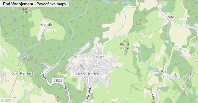 Pod Vodojemem - záplavové mapy stoleté vody