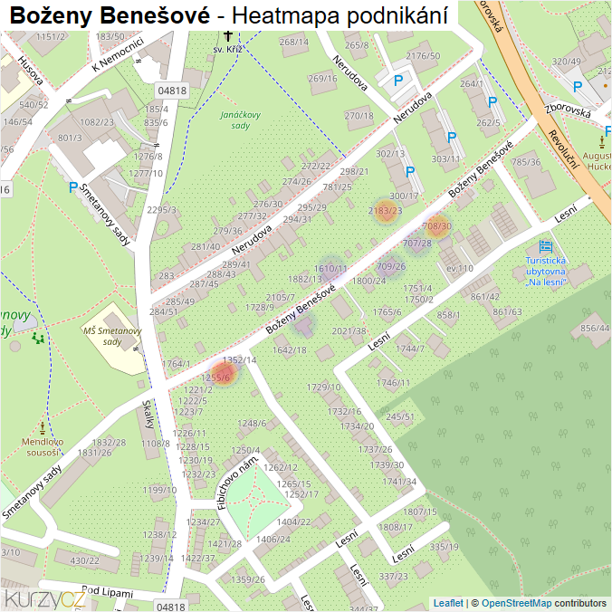 Mapa Boženy Benešové - Firmy v ulici.