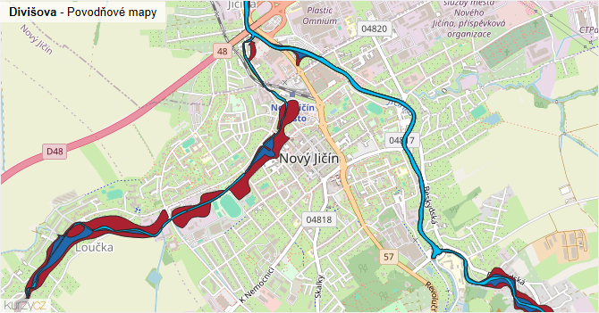 Divišova - záplavové mapy stoleté vody