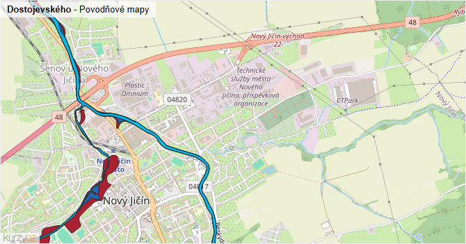 Dostojevského - záplavové mapy stoleté vody