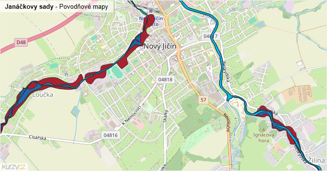 Janáčkovy sady - záplavové mapy stoleté vody