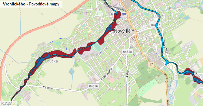 Vrchlického - záplavové mapy stoleté vody