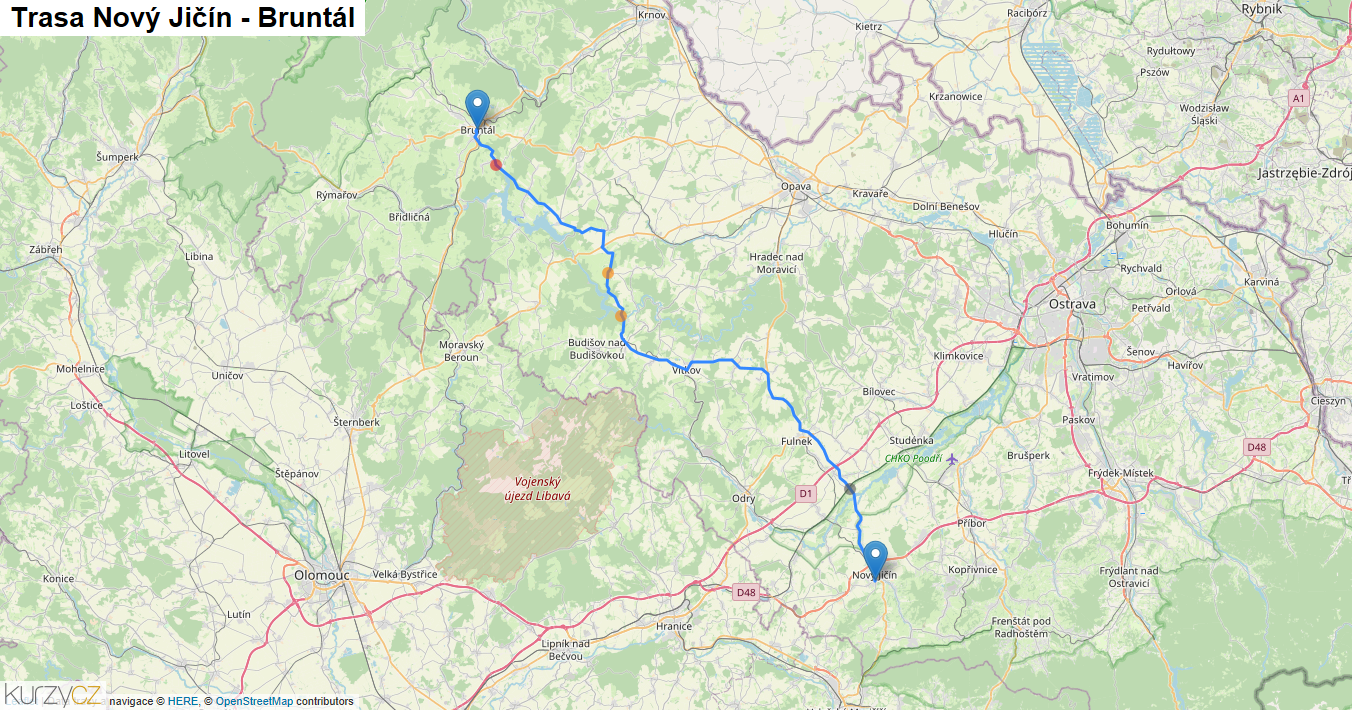 Nový Jičín-Bruntál, mapa trasy