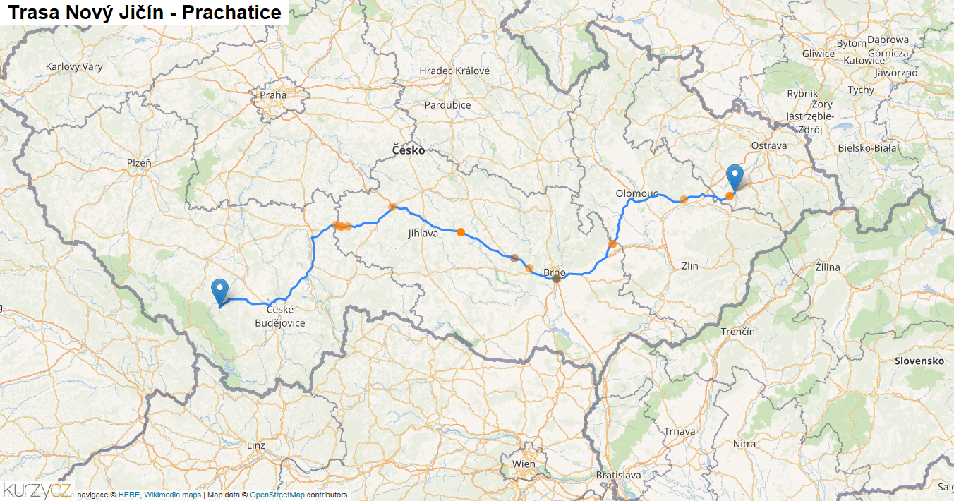 Nový Jičín-Prachatice, mapa trasy