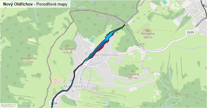 Nový Oldřichov - záplavové mapy stoleté vody