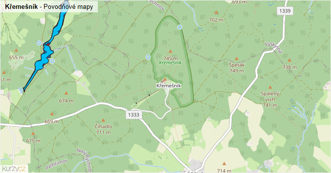 Křemešník - záplavové mapy stoleté vody