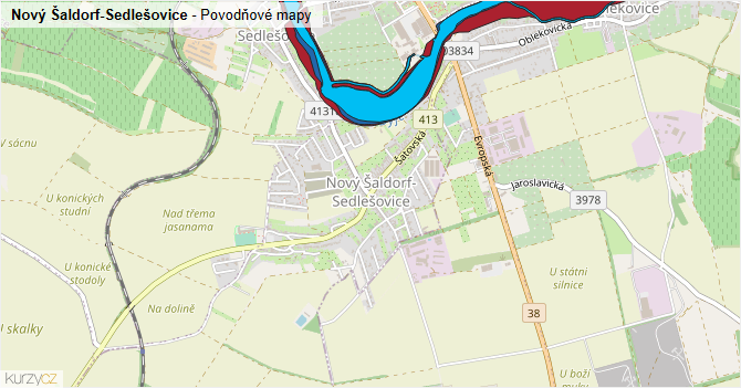 Nový Šaldorf-Sedlešovice - záplavové mapy stoleté vody