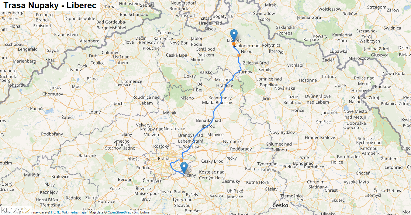 Nupaky-Liberec, mapa trasy