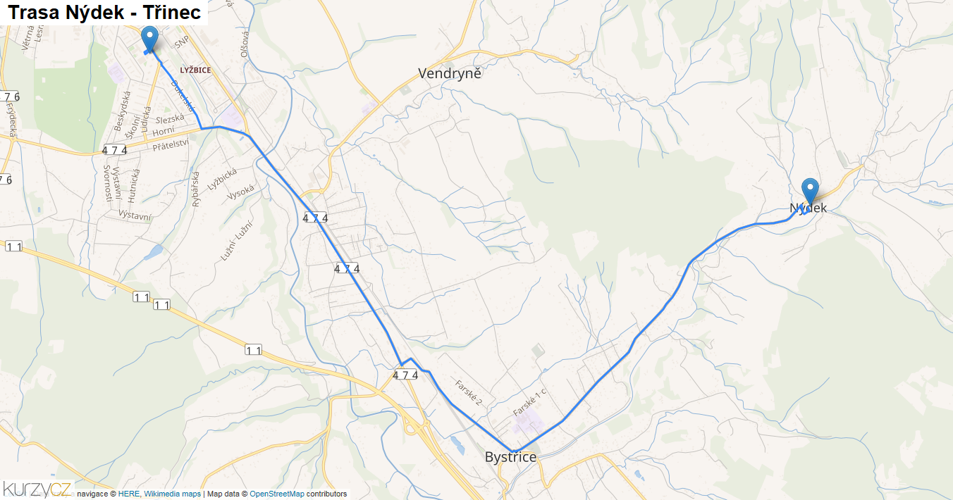 Nýdek-Třinec, mapa trasy