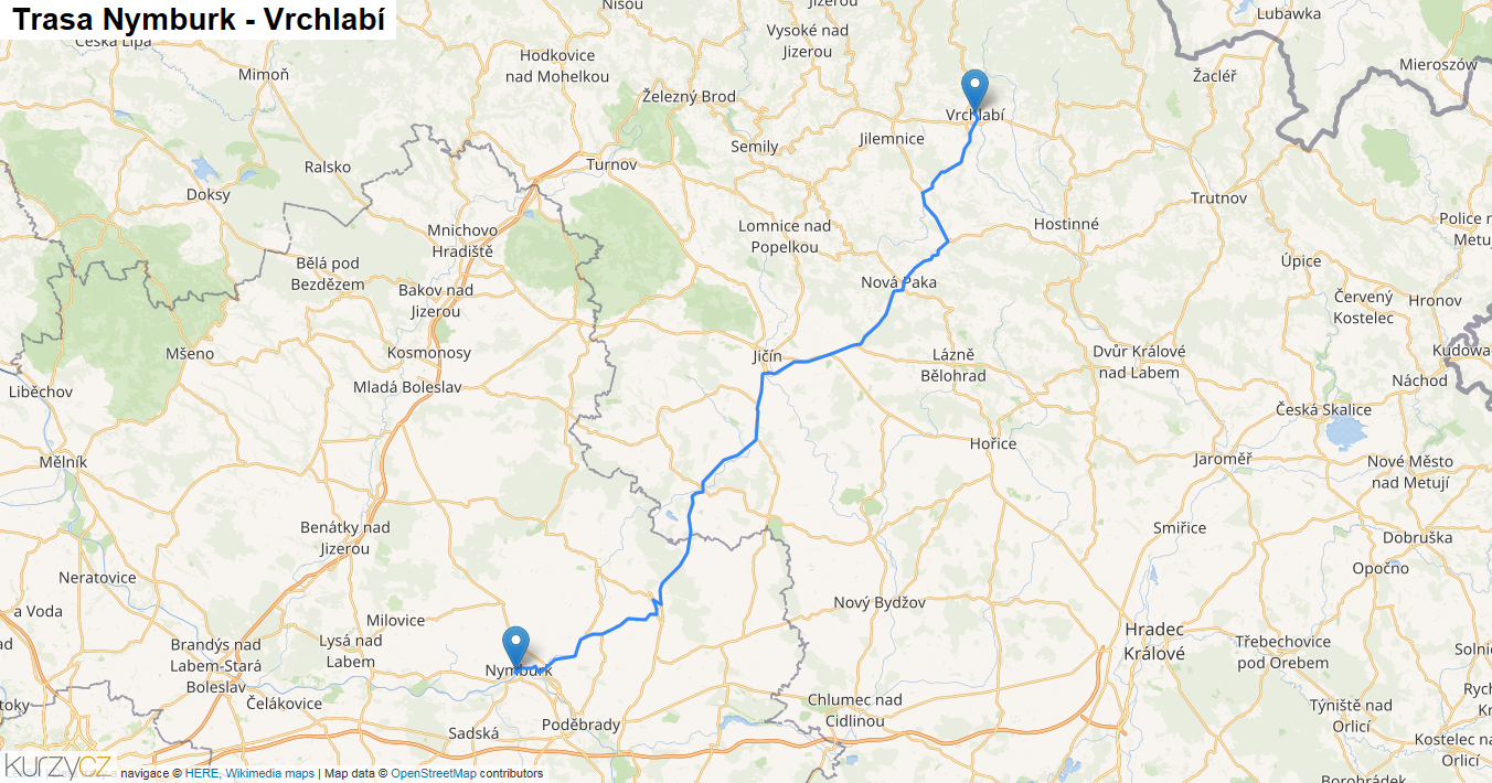 Nymburk-Vrchlabí, mapa trasy