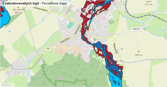 Československých legií - záplavové mapy stoleté vody