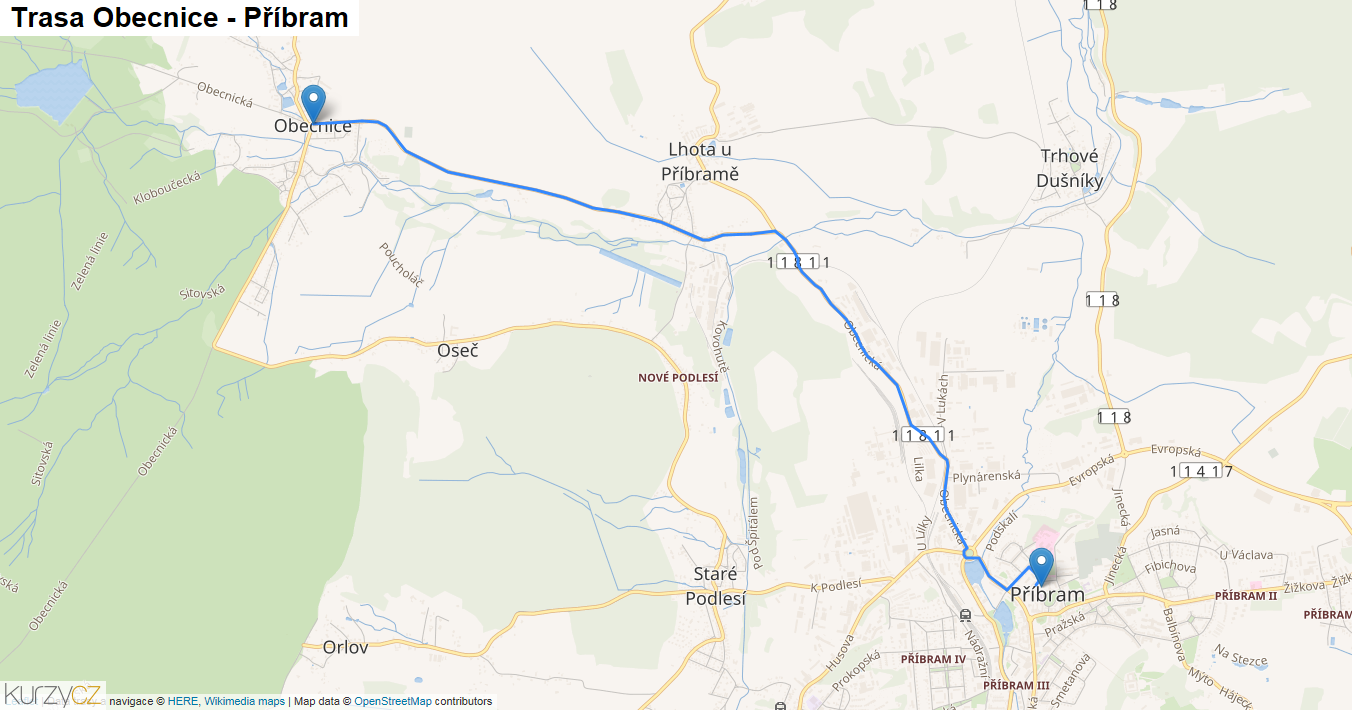 Obecnice-Příbram, mapa trasy