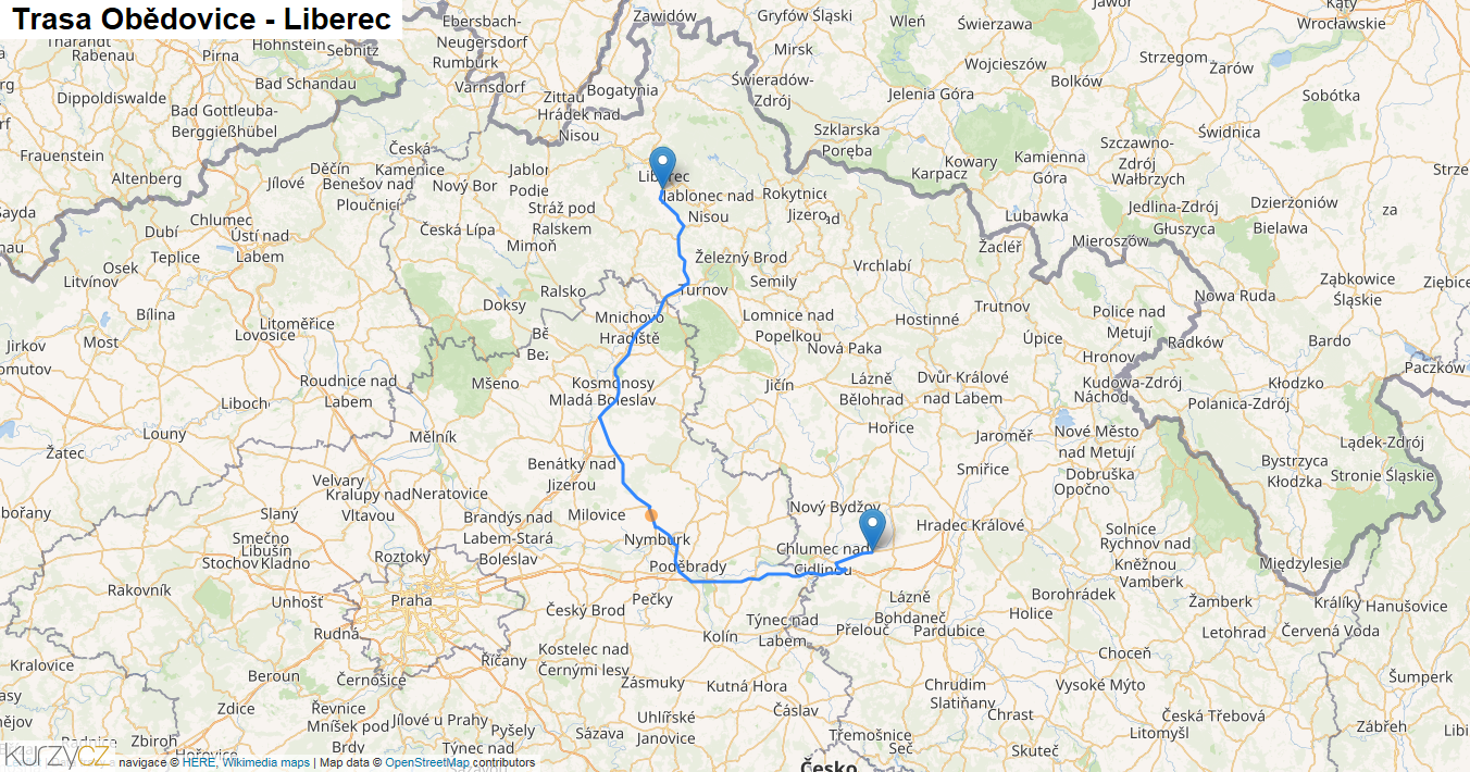 Obědovice-Liberec, mapa trasy