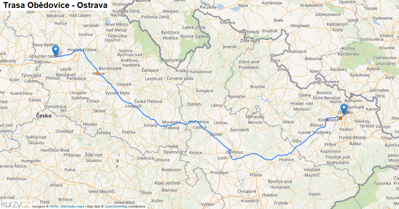 Obědovice-Ostrava, mapa trasy