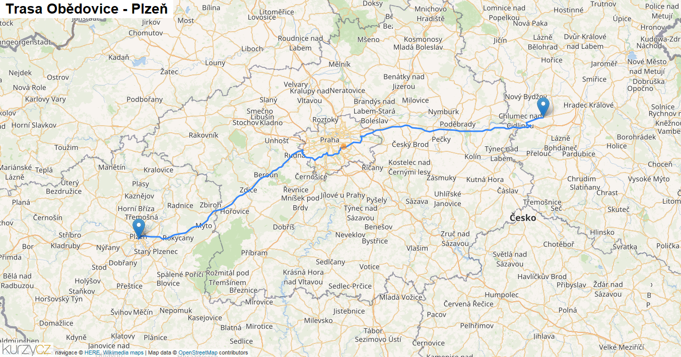 Obědovice-Plzeň, mapa trasy