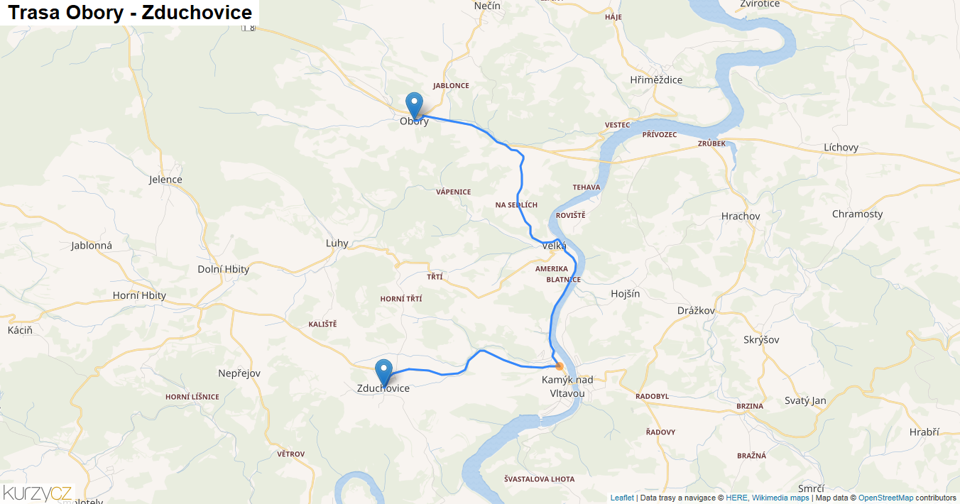 Obory-Zduchovice, mapa trasy