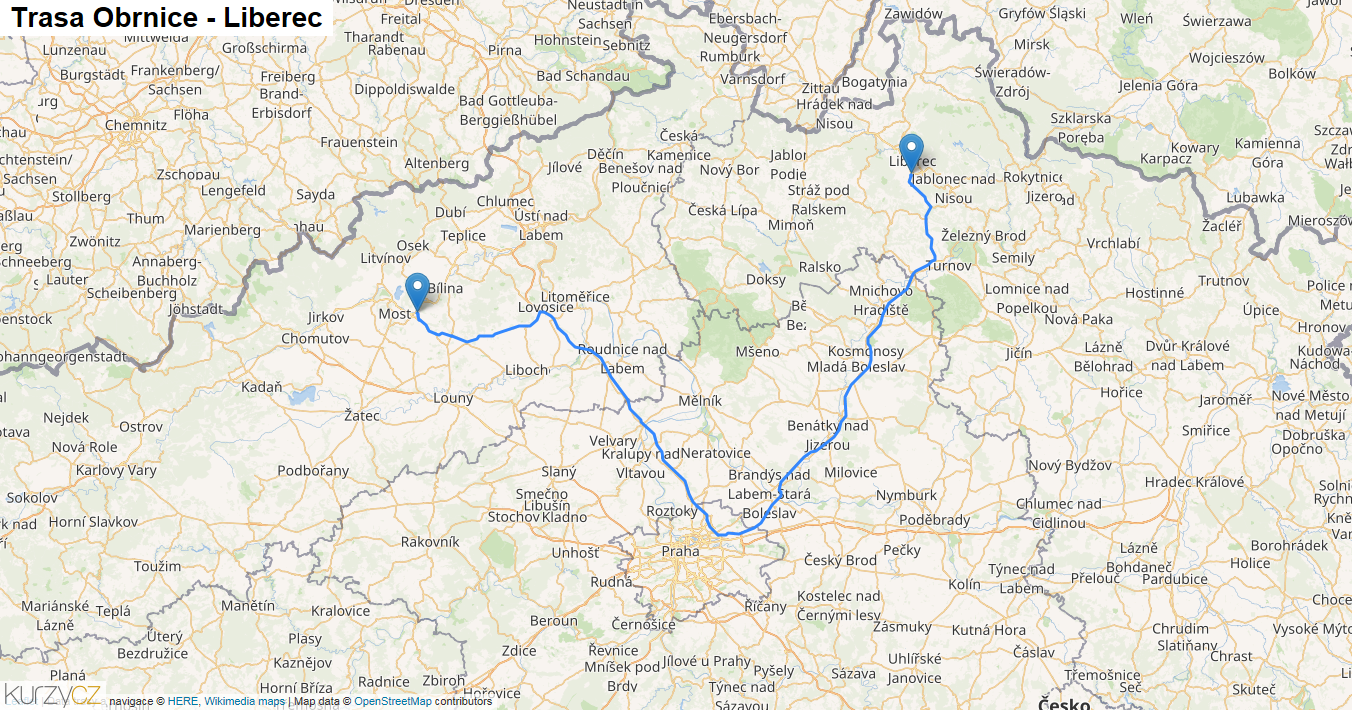 Obrnice-Liberec, mapa trasy
