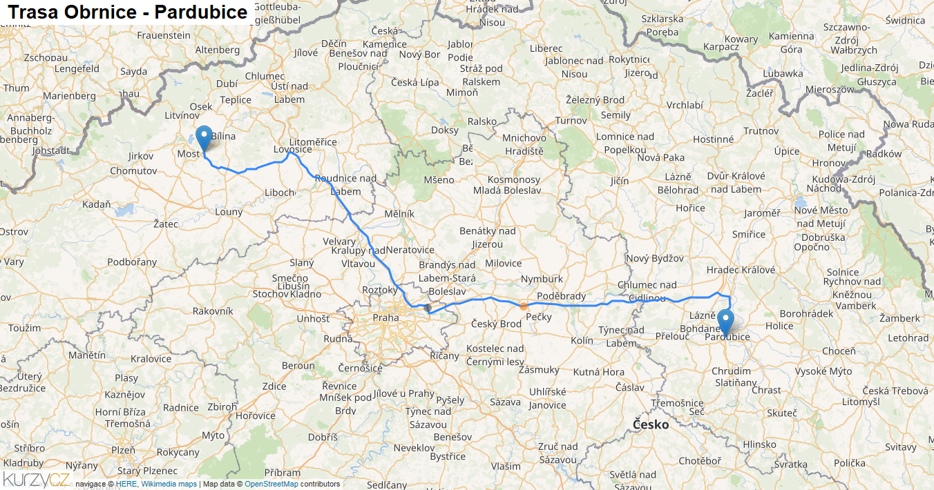 Obrnice-Pardubice, mapa trasy