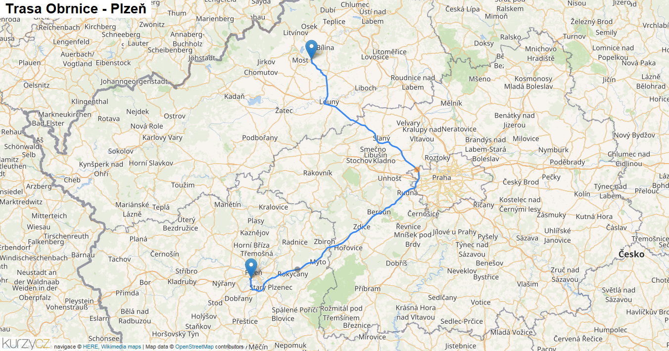 Obrnice-Plzeň, mapa trasy