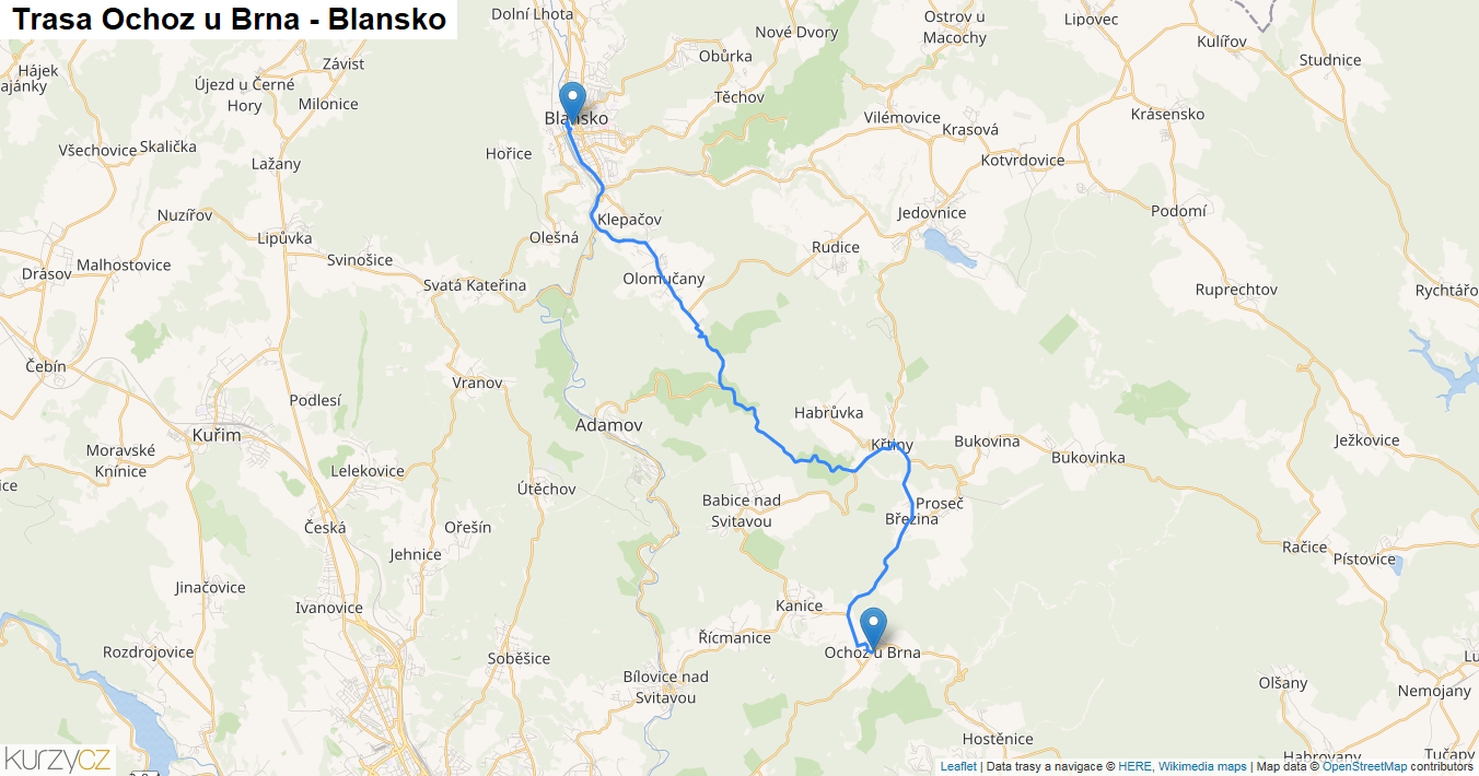 Ochoz u Brna-Blansko, mapa trasy
