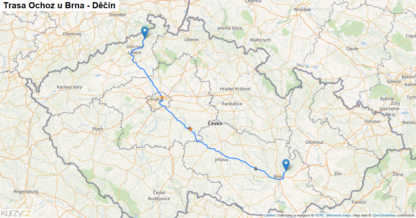Ochoz u Brna-Děčín, mapa trasy