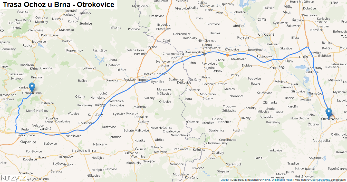 Ochoz u Brna-Otrokovice, mapa trasy