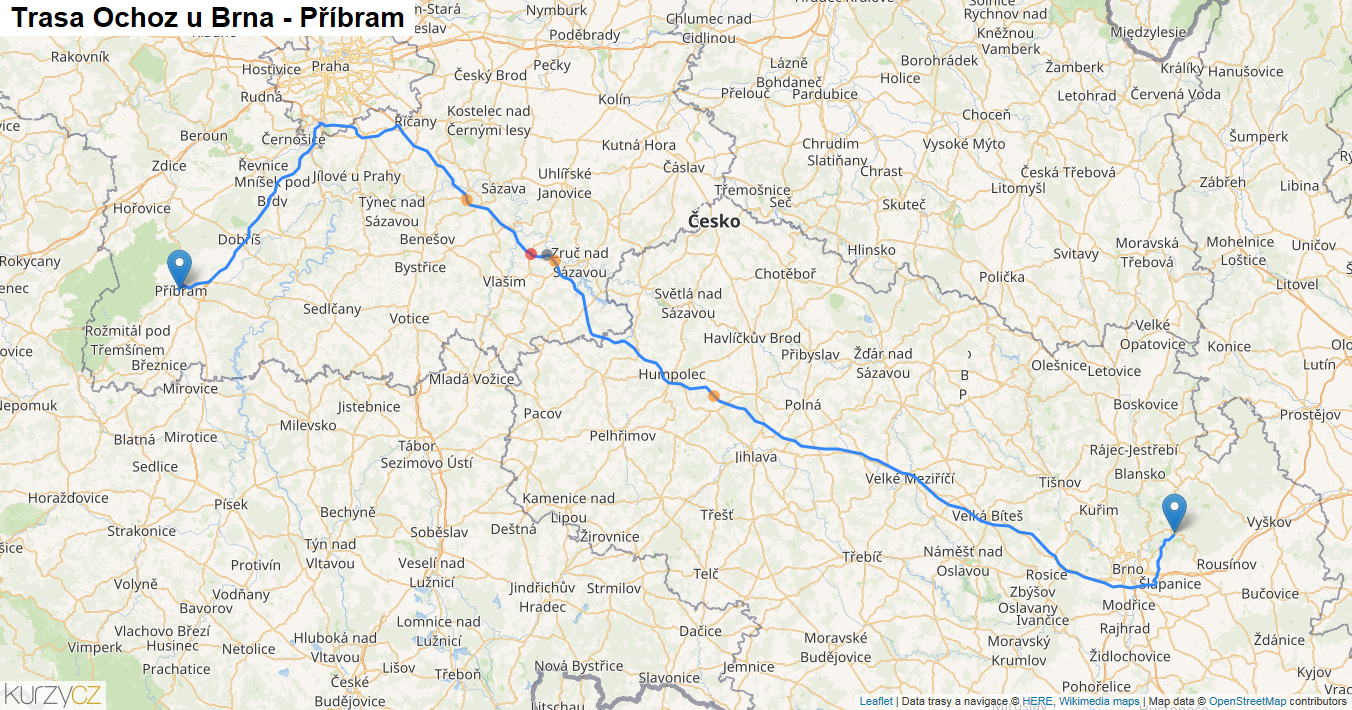 Ochoz u Brna-Příbram, mapa trasy