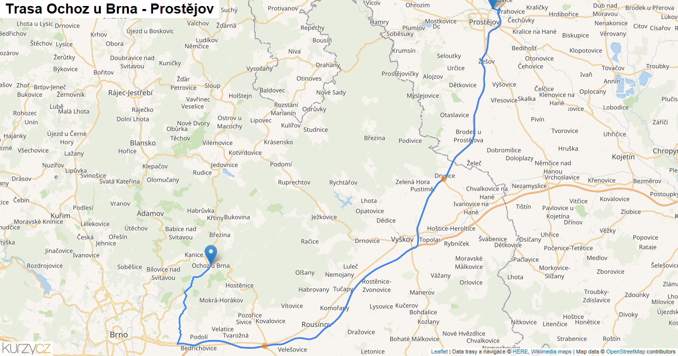 Ochoz u Brna-Prostějov, mapa trasy