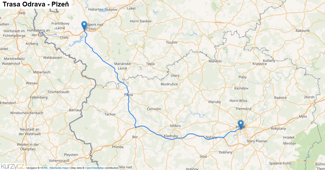 Odrava-Plzeň, mapa trasy