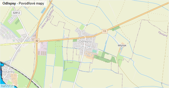 Odřepsy - záplavové mapy stoleté vody