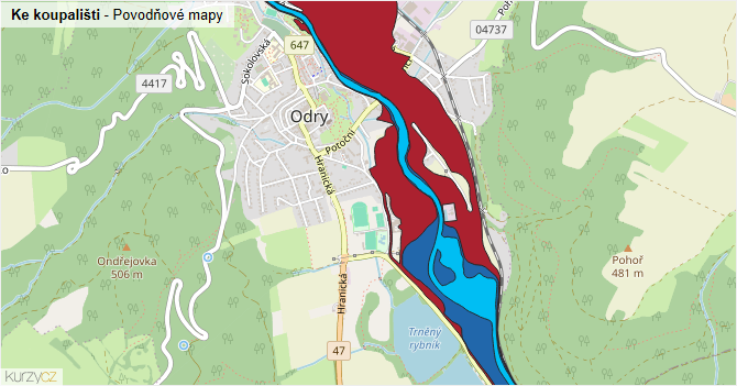Ke koupališti - záplavové mapy stoleté vody
