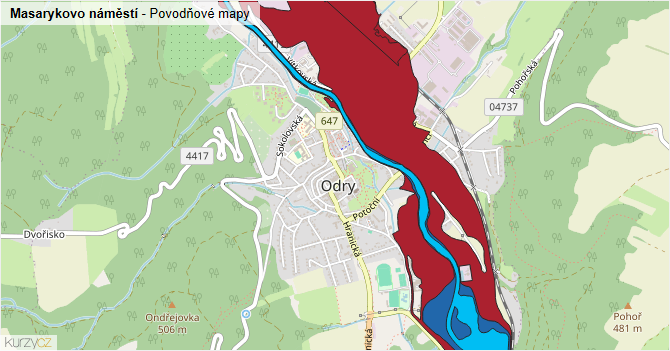 Masarykovo náměstí - záplavové mapy stoleté vody