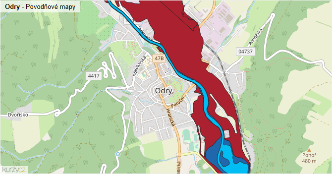 Odry - záplavové mapy stoleté vody