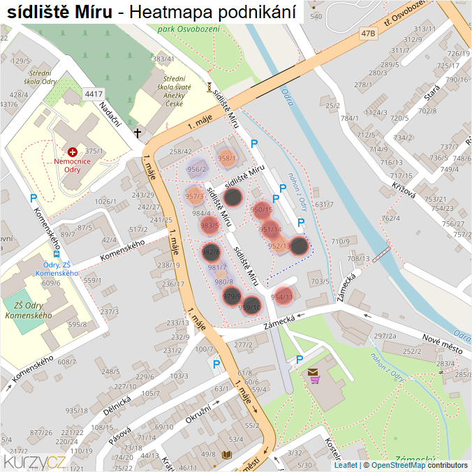 Mapa sídliště Míru - Firmy v ulici.