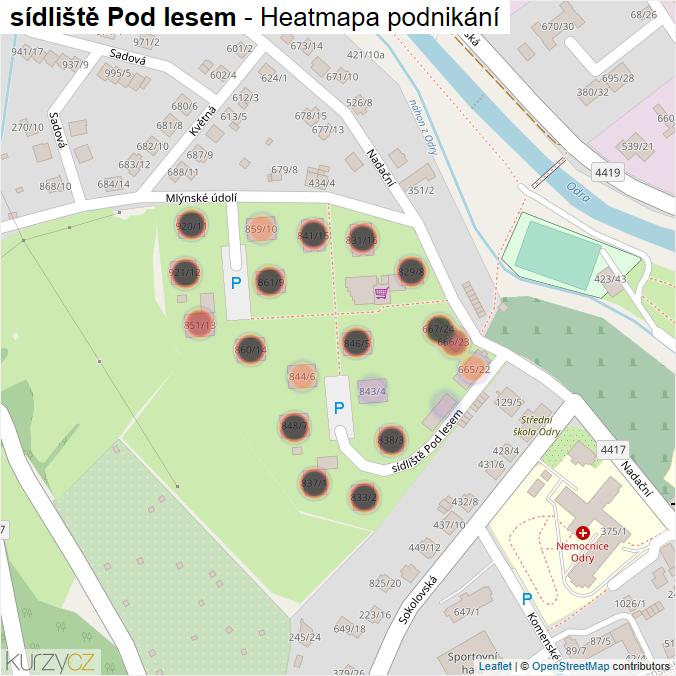 Mapa sídliště Pod lesem - Firmy v ulici.