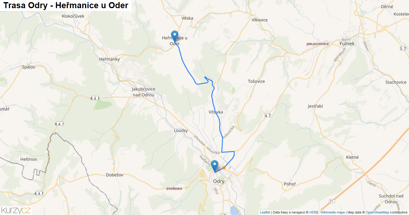 Odry-Heřmanice u Oder, mapa trasy