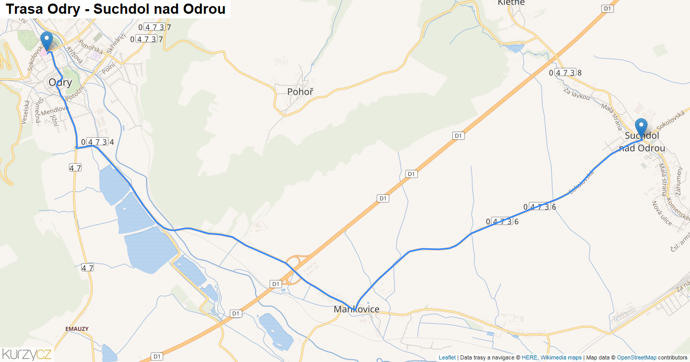 Odry-Suchdol nad Odrou, mapa trasy