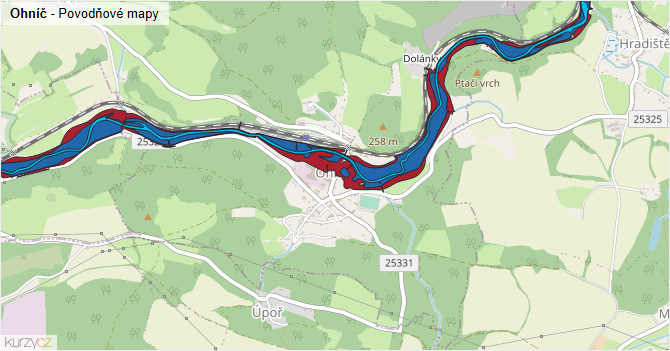 Ohníč - záplavové mapy stoleté vody