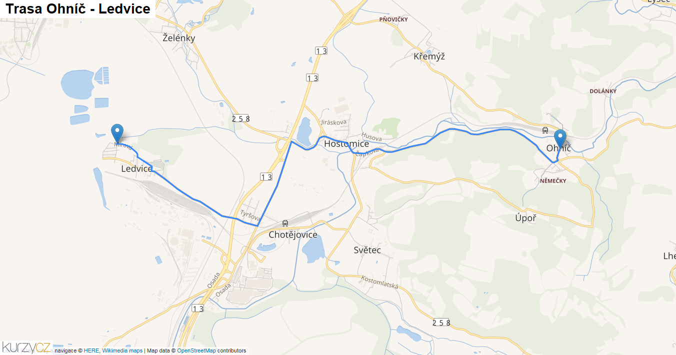 Ohníč-Ledvice, mapa trasy