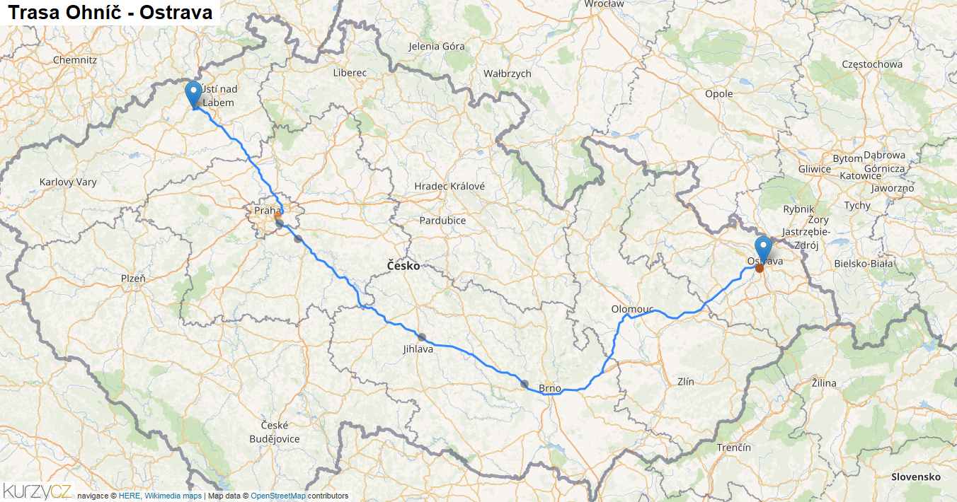Ohníč-Ostrava, mapa trasy