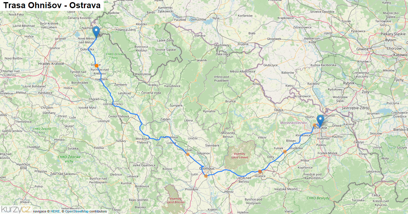 Ohnišov-Ostrava, mapa trasy