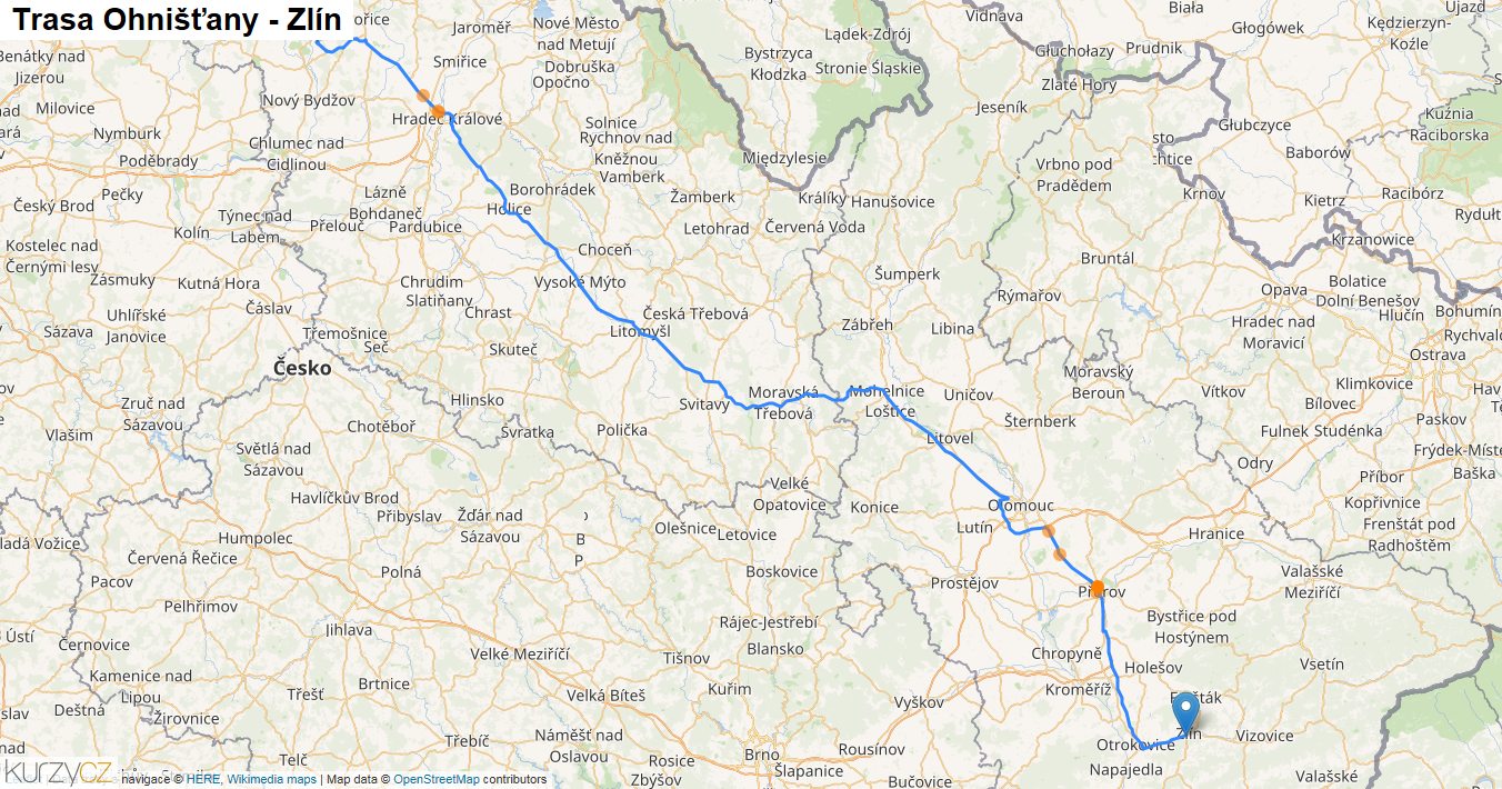 Ohnišťany-Zlín, mapa trasy