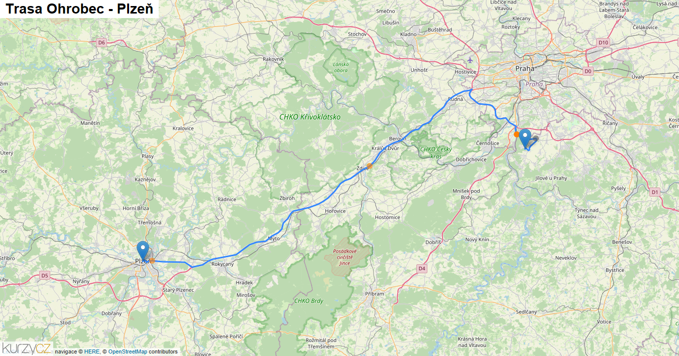 Ohrobec-Plzeň, mapa trasy