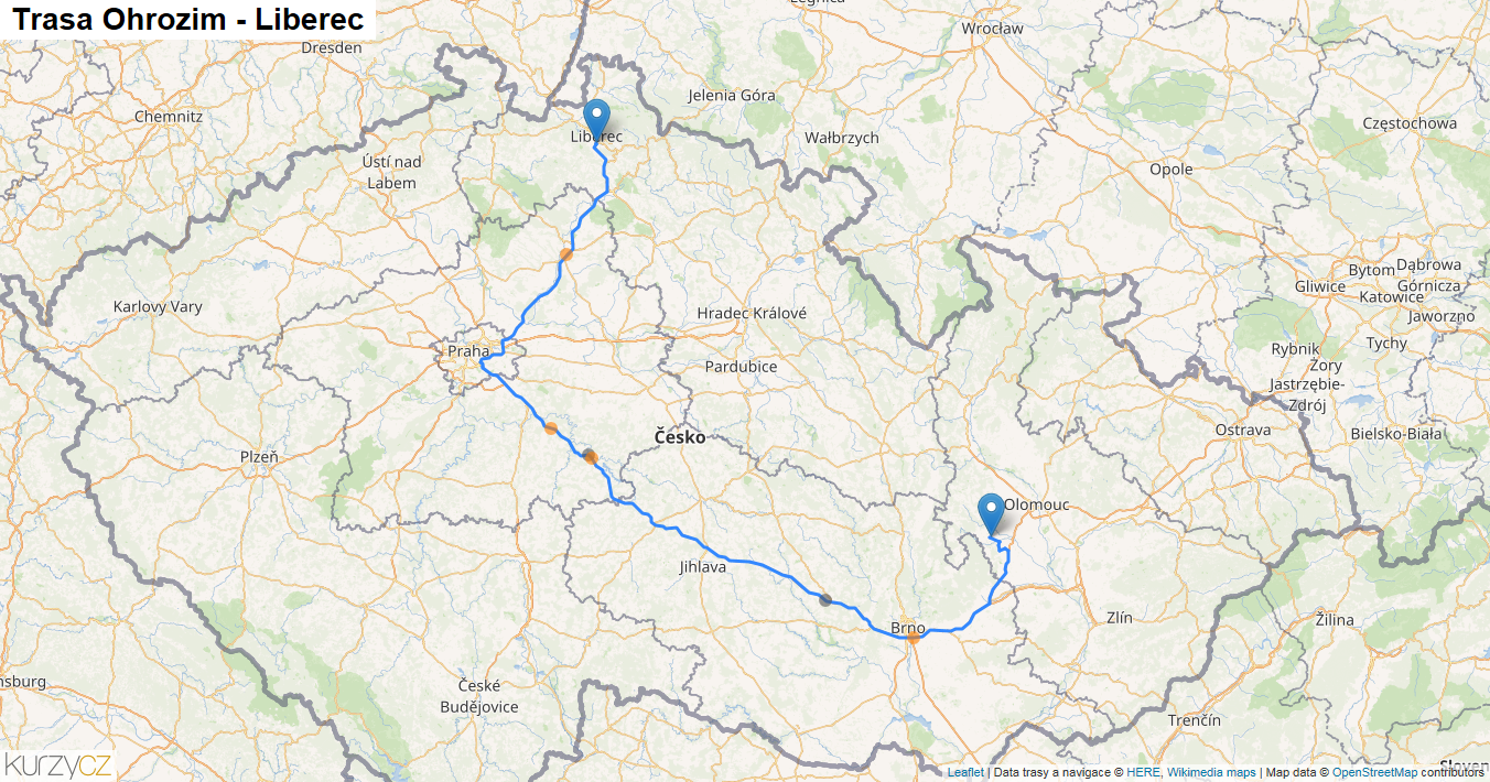 Ohrozim-Liberec, mapa trasy